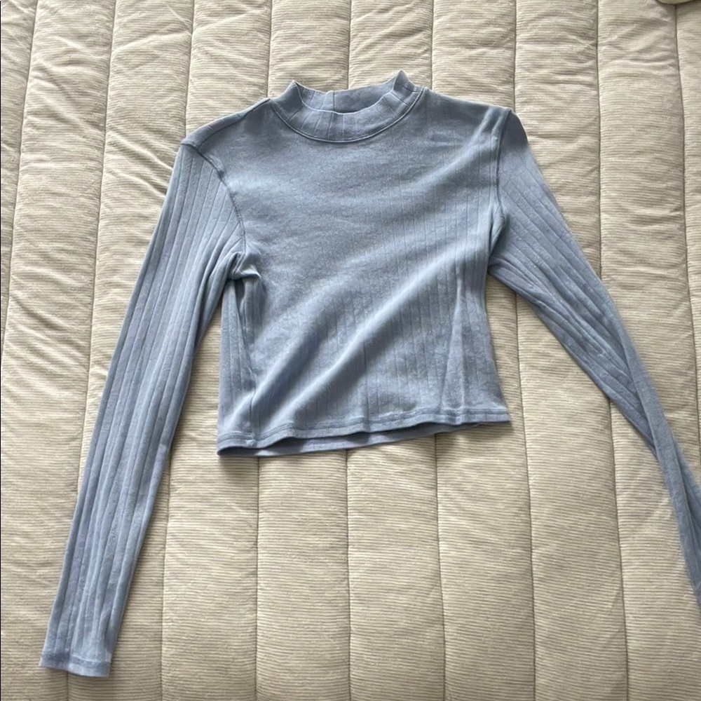 Blue Long Sleeve Crop Bodysuit with Ribbed Fabric and Mandarin Collar